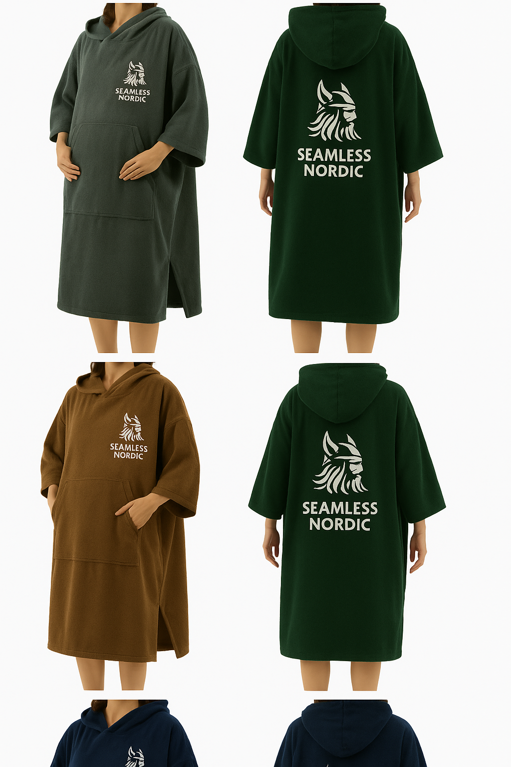 Four views of a person wearing a hooded garment with 'Seamless Nordic' branding. Different colors.