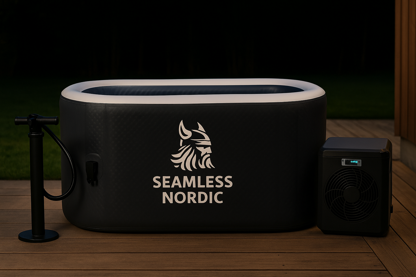 Inflatable hot tub with 'Seamless Nordic' logo on a wooden deck at night.