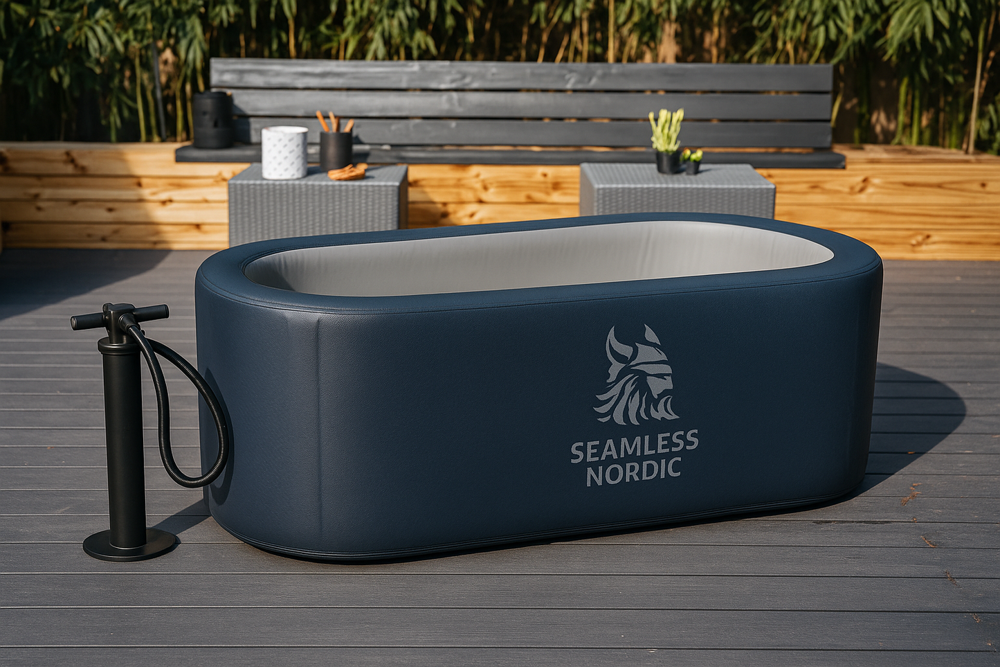 Inflatable hot tub on a wooden deck with 'Seamless Nordic' branding.