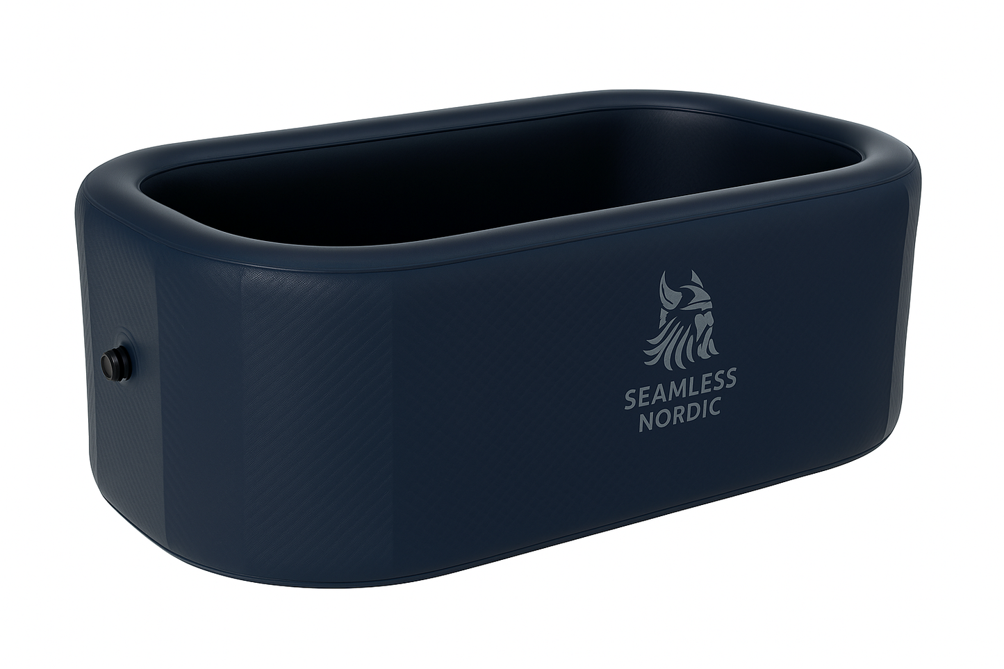 Dark blue inflatable pool with 'Seamless Nordic' logo on a white background