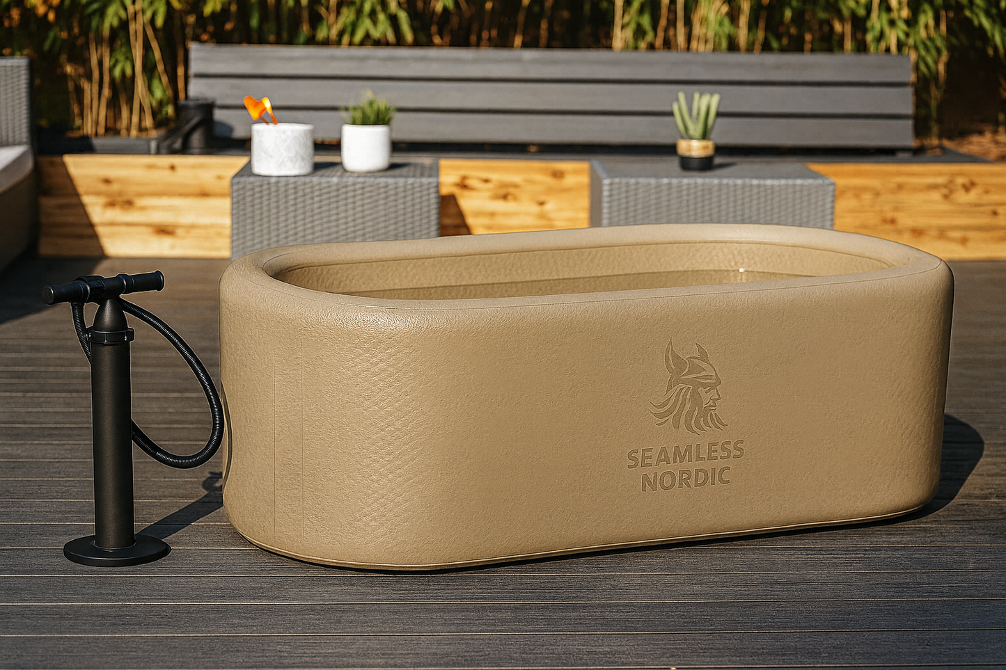 Beige outdoor bathtub with pump on a wooden deck, featuring 'Seamless Nordic' branding.