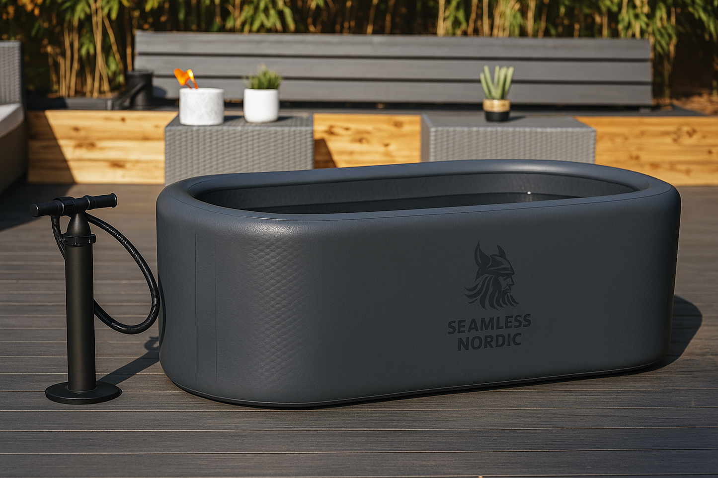 Black outdoor bathtub with pump on a wooden deck, featuring 'Seamless Nordic' branding.