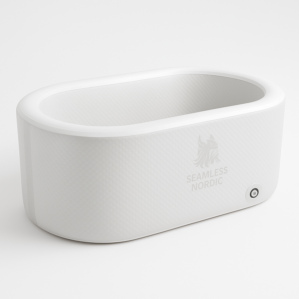 White bowl with 'Seamless Nordic' branding on a light gray background