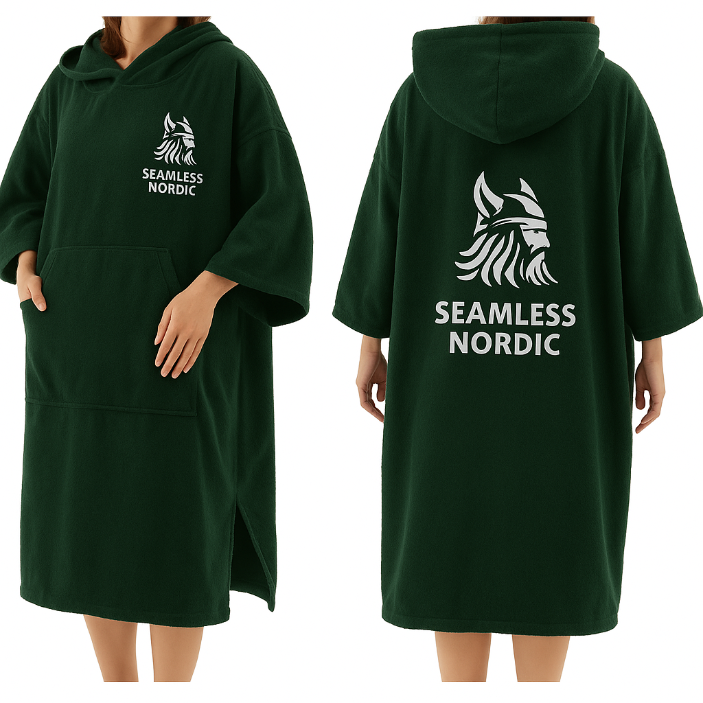 Green hooded garment with 'Seamless Nordic' logo on a white background
