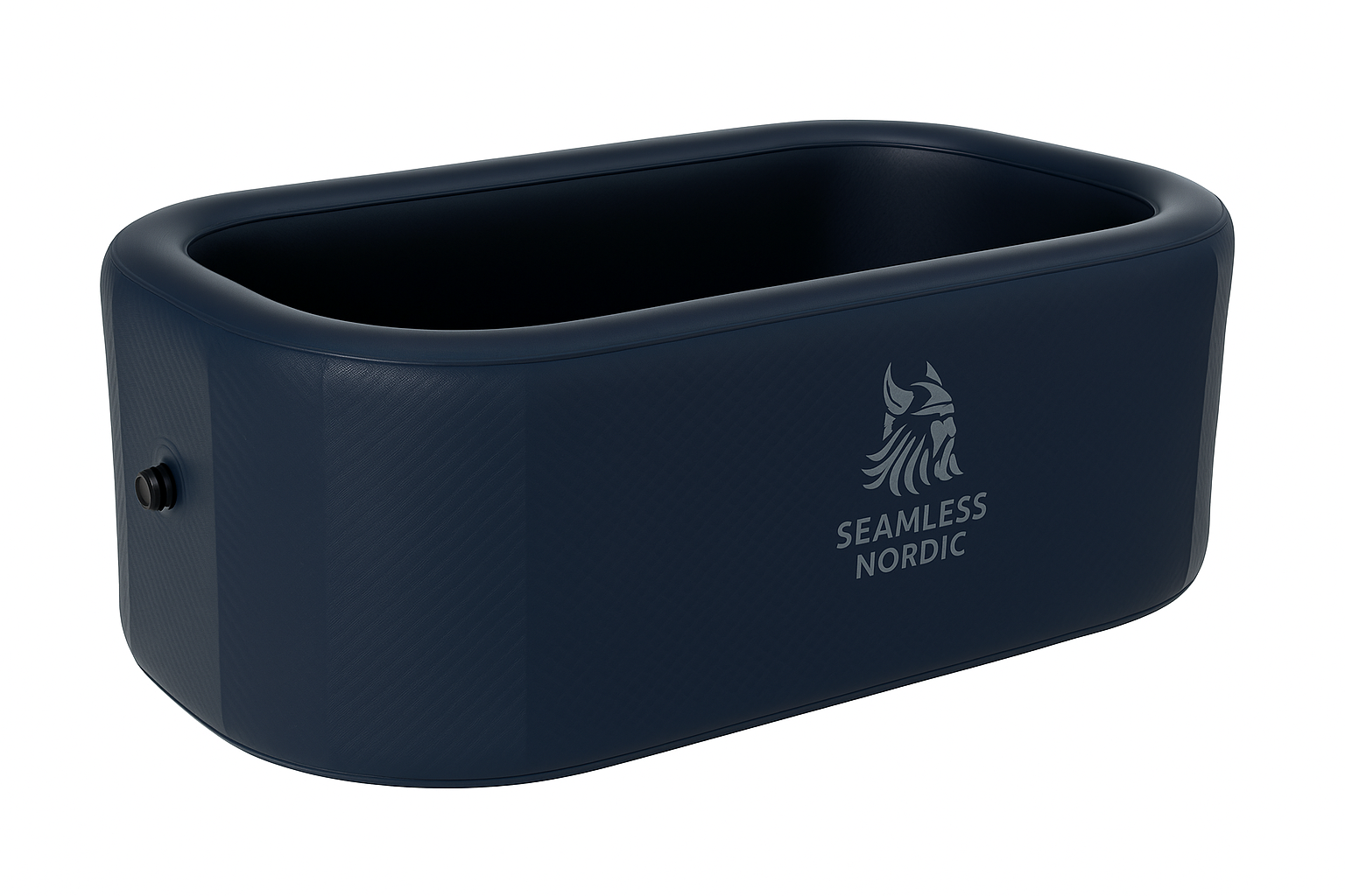 Dark blue inflatable pool with 'Seamless Nordic' logo on a white background