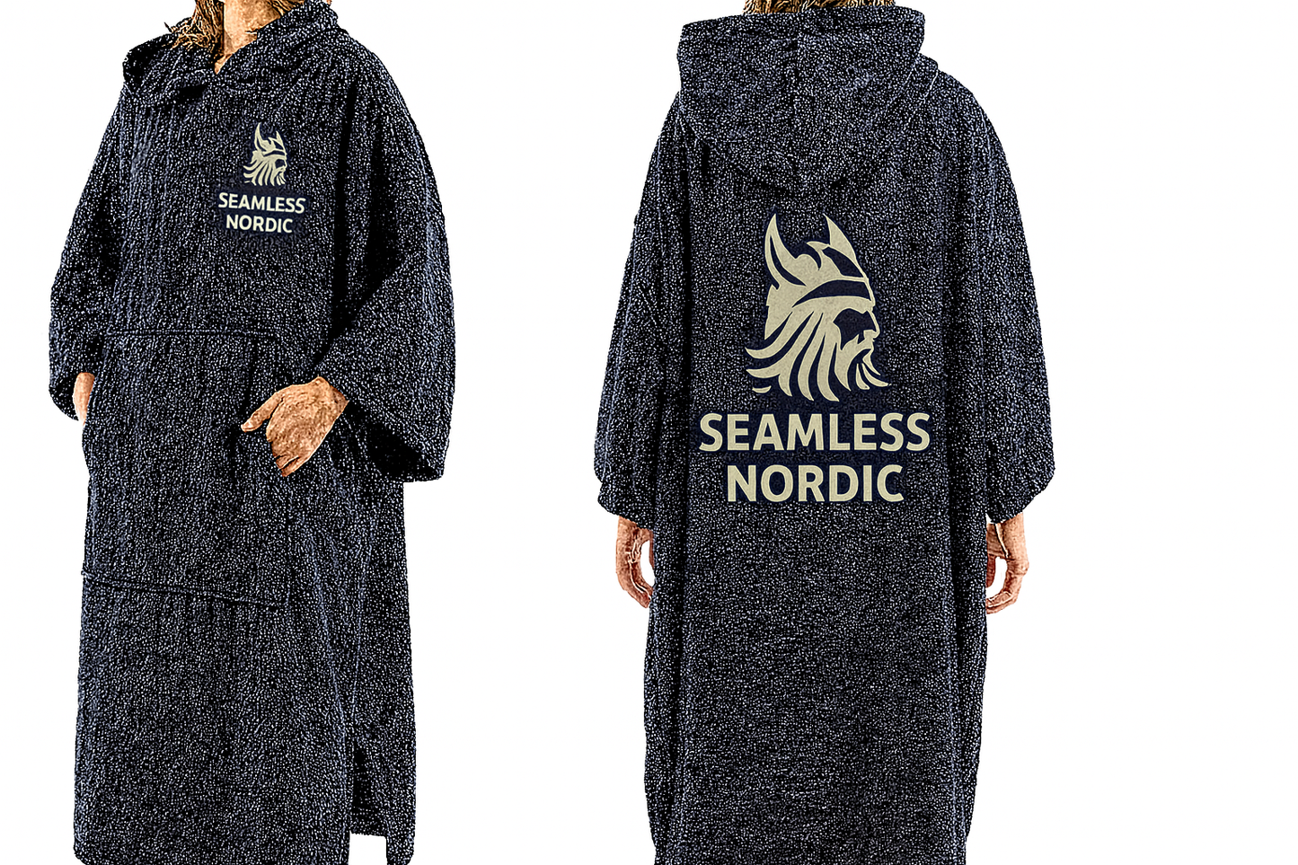 Black hooded garment with 'Seamless Nordic' branding on a white background