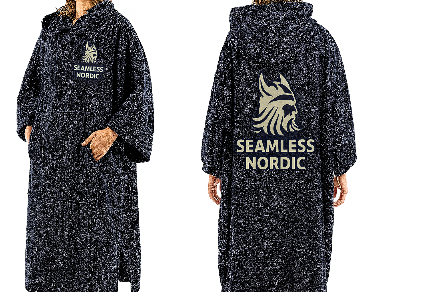 Black hooded garment with 'Seamless Nordic' branding on a white background